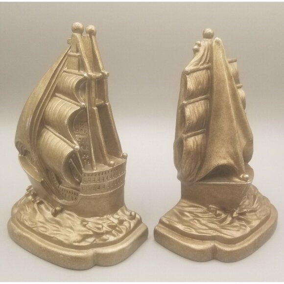 Spanish Galleon Clipper Ship Plaster Book Ends Nautical Beach House Pair Two - Picture 1 of 11